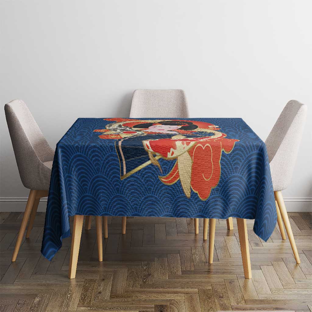 Japanese Geisha Koi Fish Tablecloth Cherry Blossoms Blue Seigaiha Pattern - Wonder Print Shop