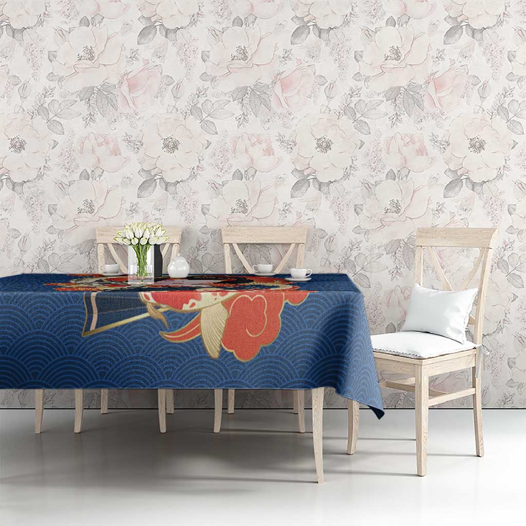Japanese Geisha Koi Fish Tablecloth Cherry Blossoms Blue Seigaiha Pattern - Wonder Print Shop