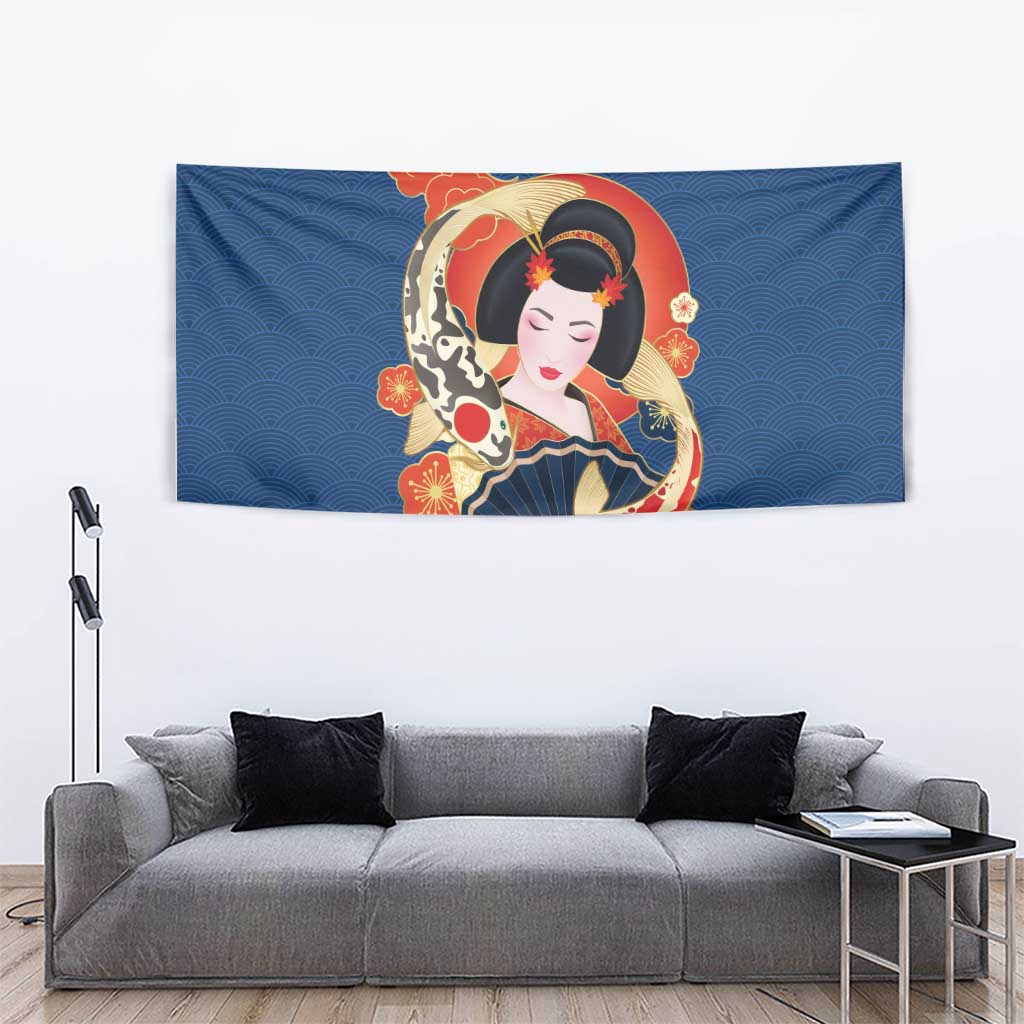 Japanese Geisha Koi Fish Tapestry Cherry Blossoms Blue Seigaiha Pattern - Wonder Print Shop