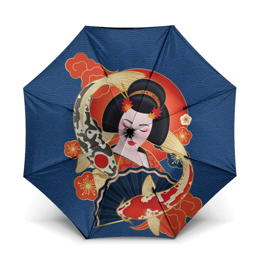Japanese Geisha Koi Fish Umbrella Cherry Blossoms Blue Seigaiha Pattern - Wonder Print Shop