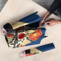 Japanese Geisha Koi Fish Umbrella Cherry Blossoms Blue Seigaiha Pattern - Wonder Print Shop