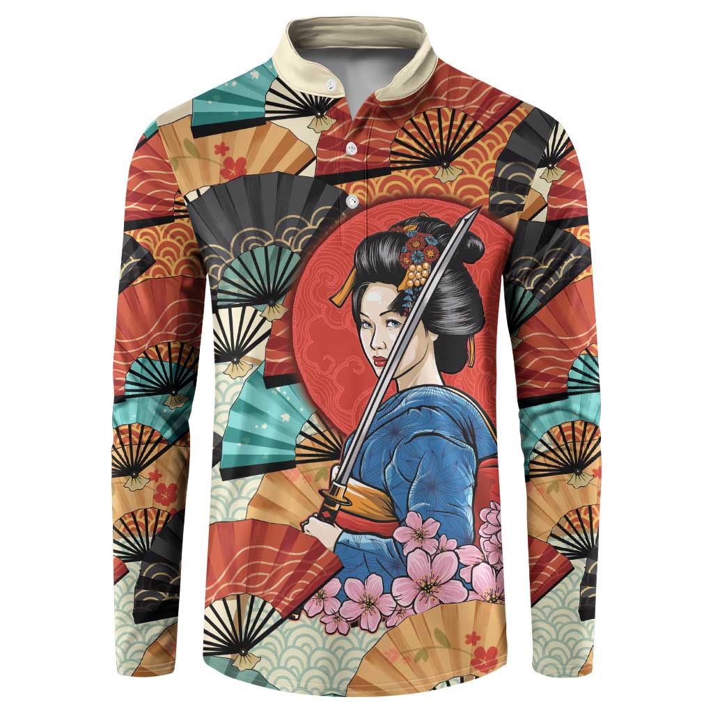 Japanese Geisha Katana Button Sweatshirt Japan Sensu Seigaiha Pattern - Wonder Print Shop