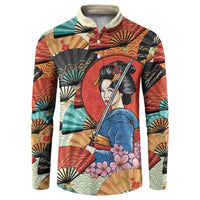 Japanese Geisha Katana Button Sweatshirt Japan Sensu Seigaiha Pattern - Wonder Print Shop