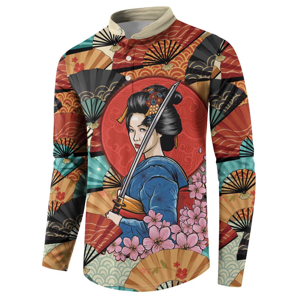 Japanese Geisha Katana Button Sweatshirt Japan Sensu Seigaiha Pattern - Wonder Print Shop