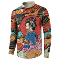 Japanese Geisha Katana Button Sweatshirt Japan Sensu Seigaiha Pattern - Wonder Print Shop