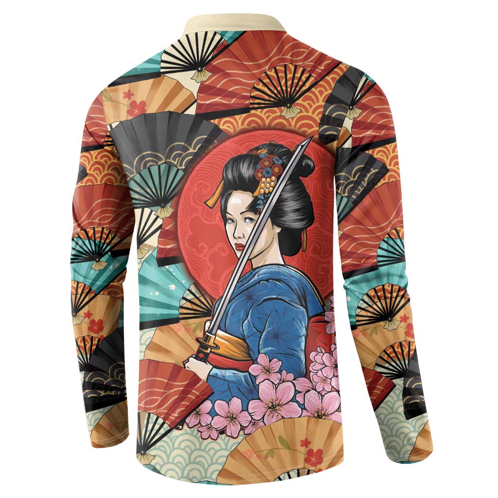 Japanese Geisha Katana Button Sweatshirt Japan Sensu Seigaiha Pattern - Wonder Print Shop