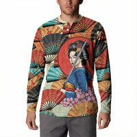 Japanese Geisha Katana Button Sweatshirt Japan Sensu Seigaiha Pattern - Wonder Print Shop