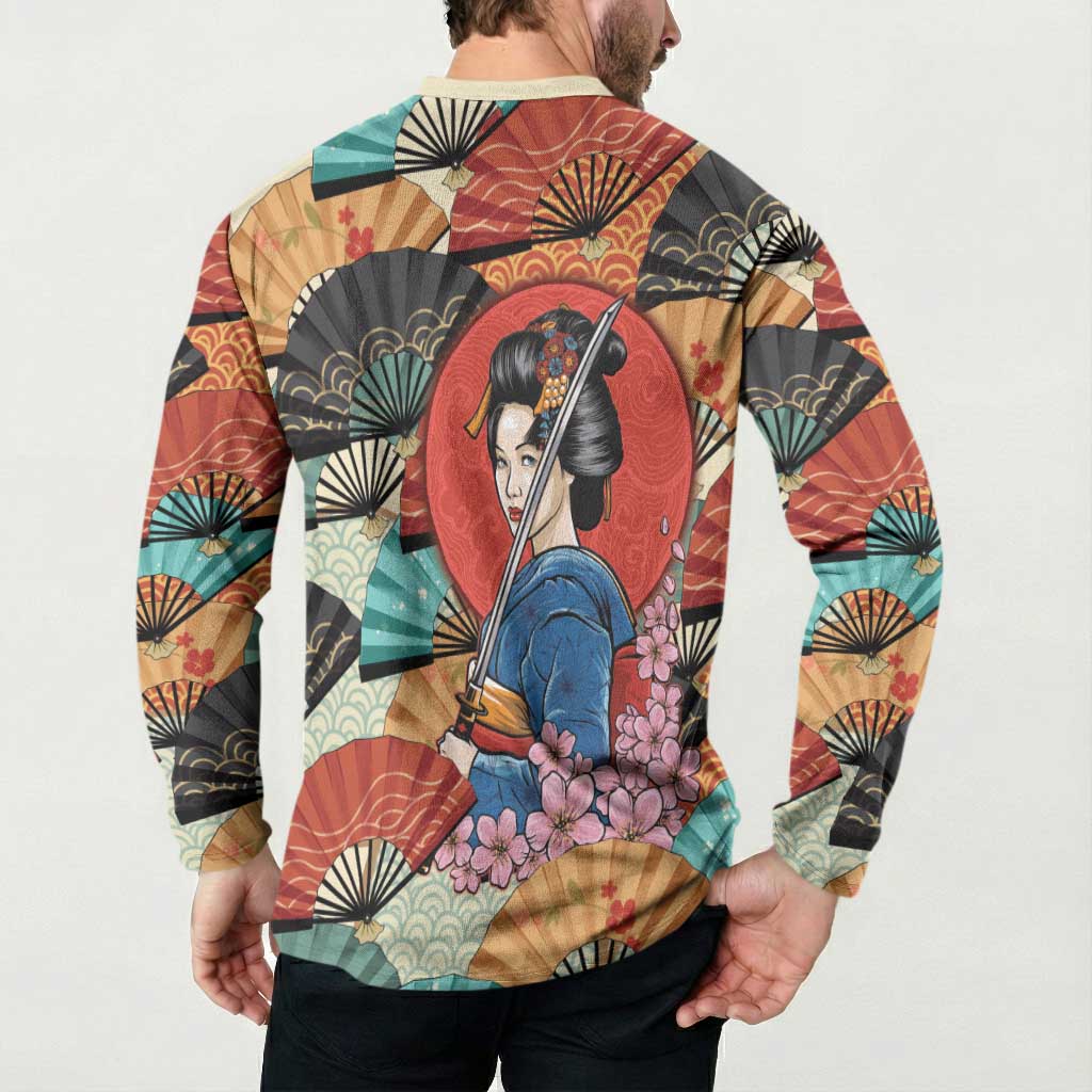 Japanese Geisha Katana Button Sweatshirt Japan Sensu Seigaiha Pattern - Wonder Print Shop