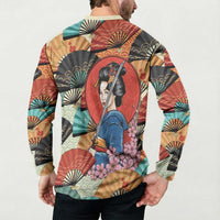 Japanese Geisha Katana Button Sweatshirt Japan Sensu Seigaiha Pattern - Wonder Print Shop