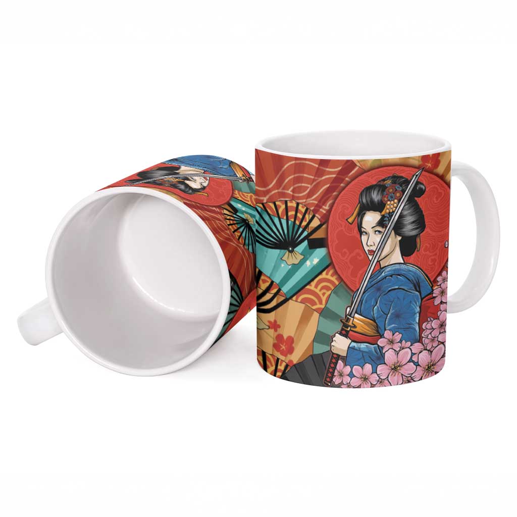 Japanese Geisha Katana Ceramic Mug Japan Sensu Seigaiha Pattern - Wonder Print Shop