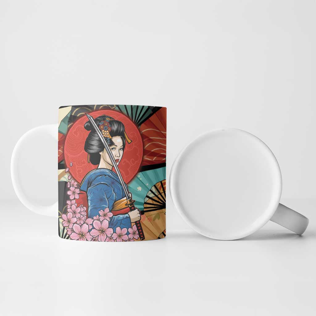 Japanese Geisha Katana Ceramic Mug Japan Sensu Seigaiha Pattern - Wonder Print Shop