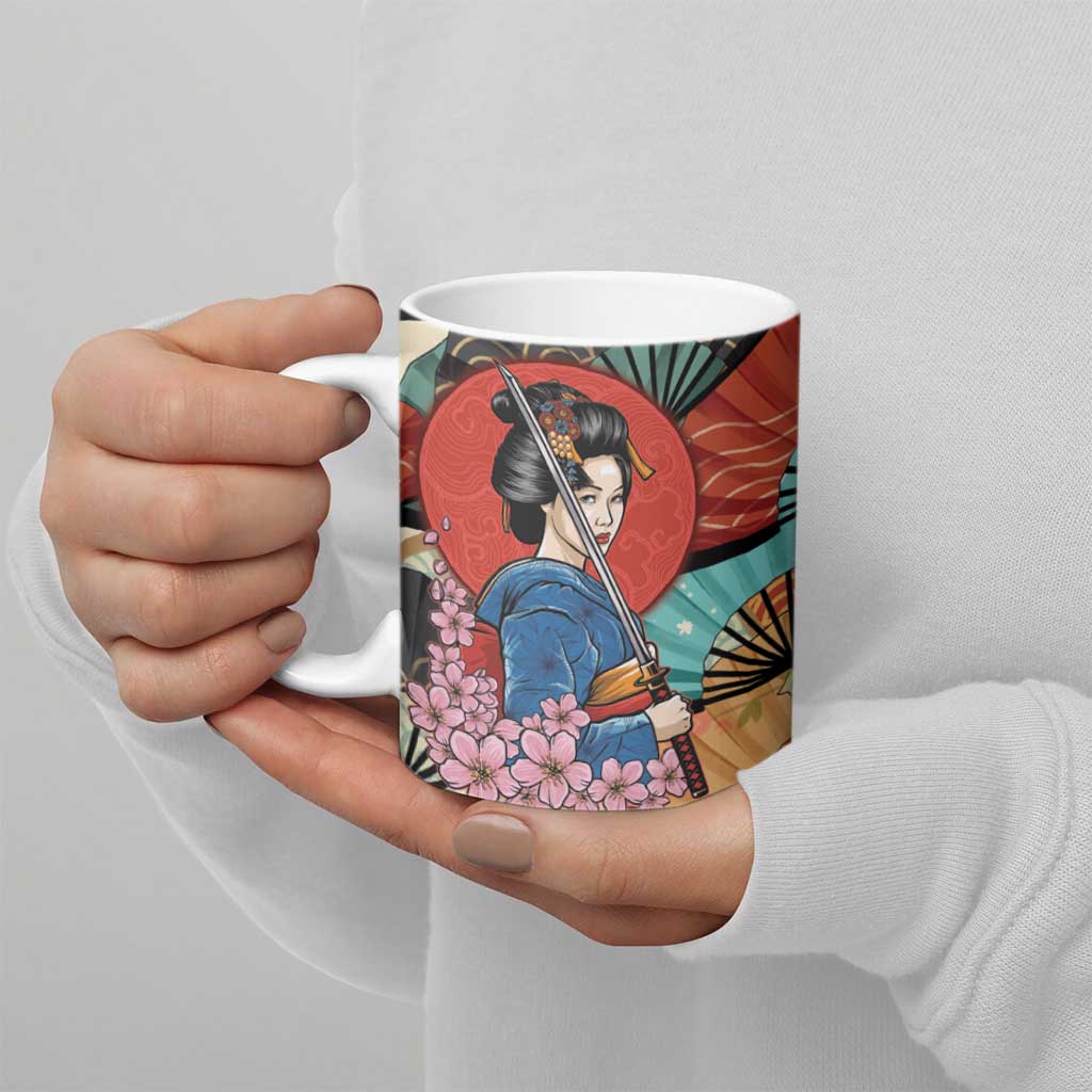 Japanese Geisha Katana Ceramic Mug Japan Sensu Seigaiha Pattern - Wonder Print Shop