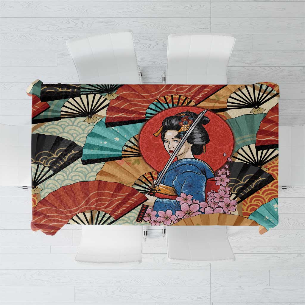 Japanese Geisha Katana Tablecloth Japan Sensu Seigaiha Pattern - Wonder Print Shop