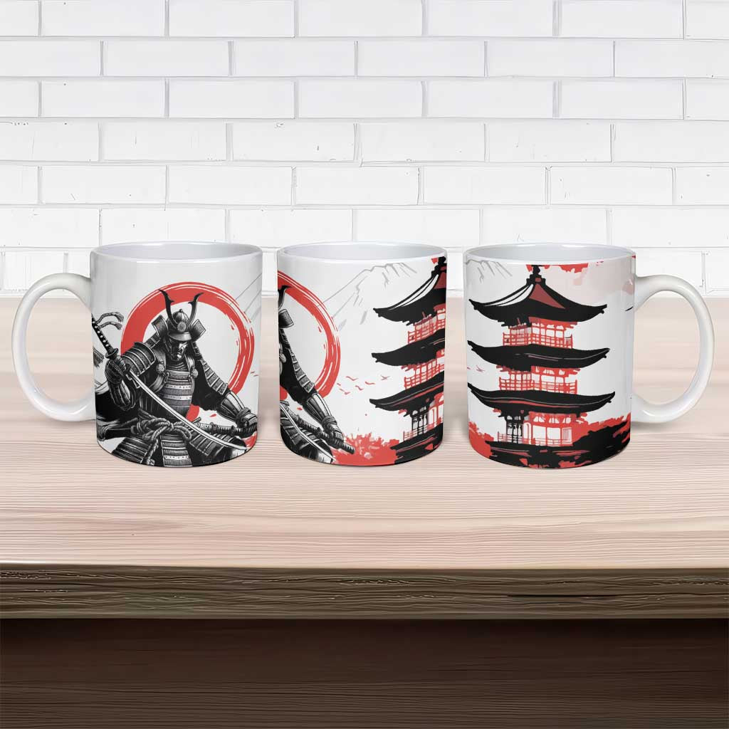 Japanese Samurai Warrior Enso Ceramic Mug Japan Pagoda Sakura Watercolor - Wonder Print Shop