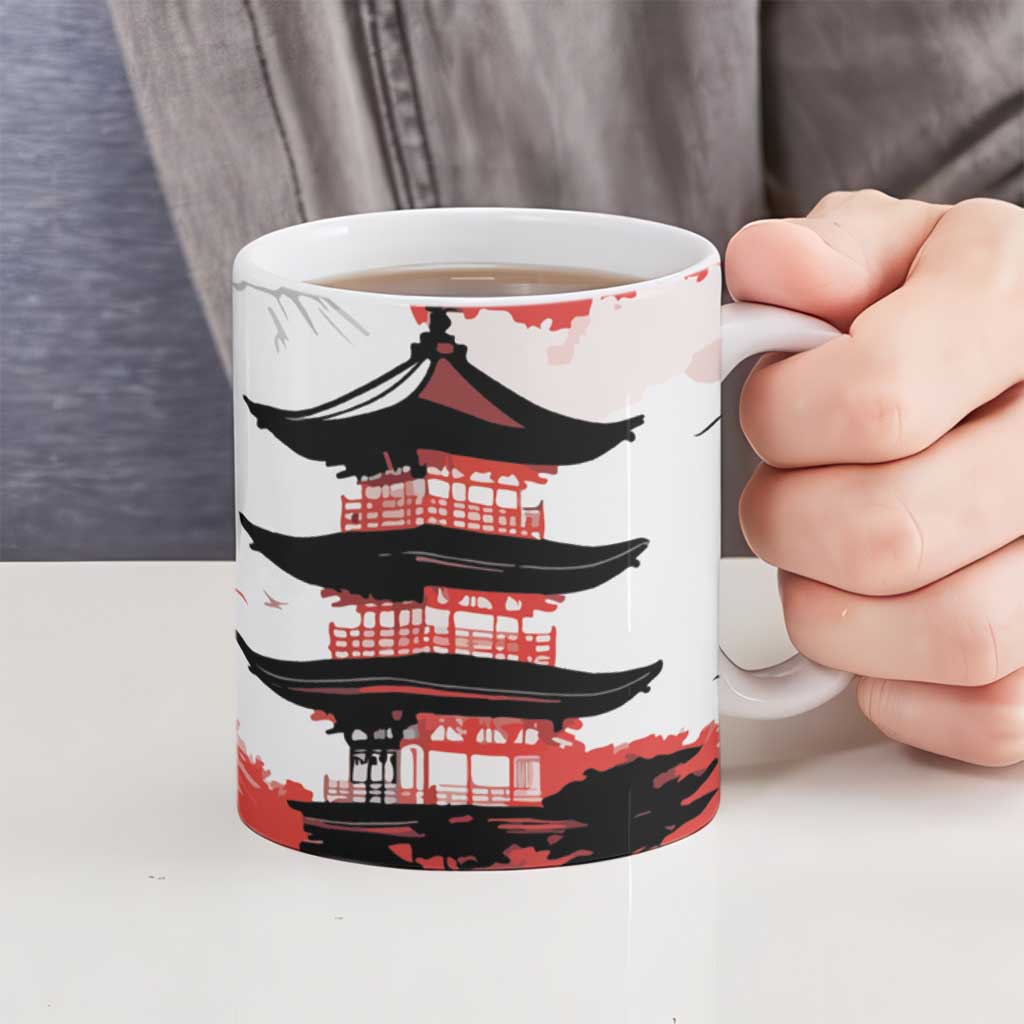 Japanese Samurai Warrior Enso Ceramic Mug Japan Pagoda Sakura Watercolor - Wonder Print Shop