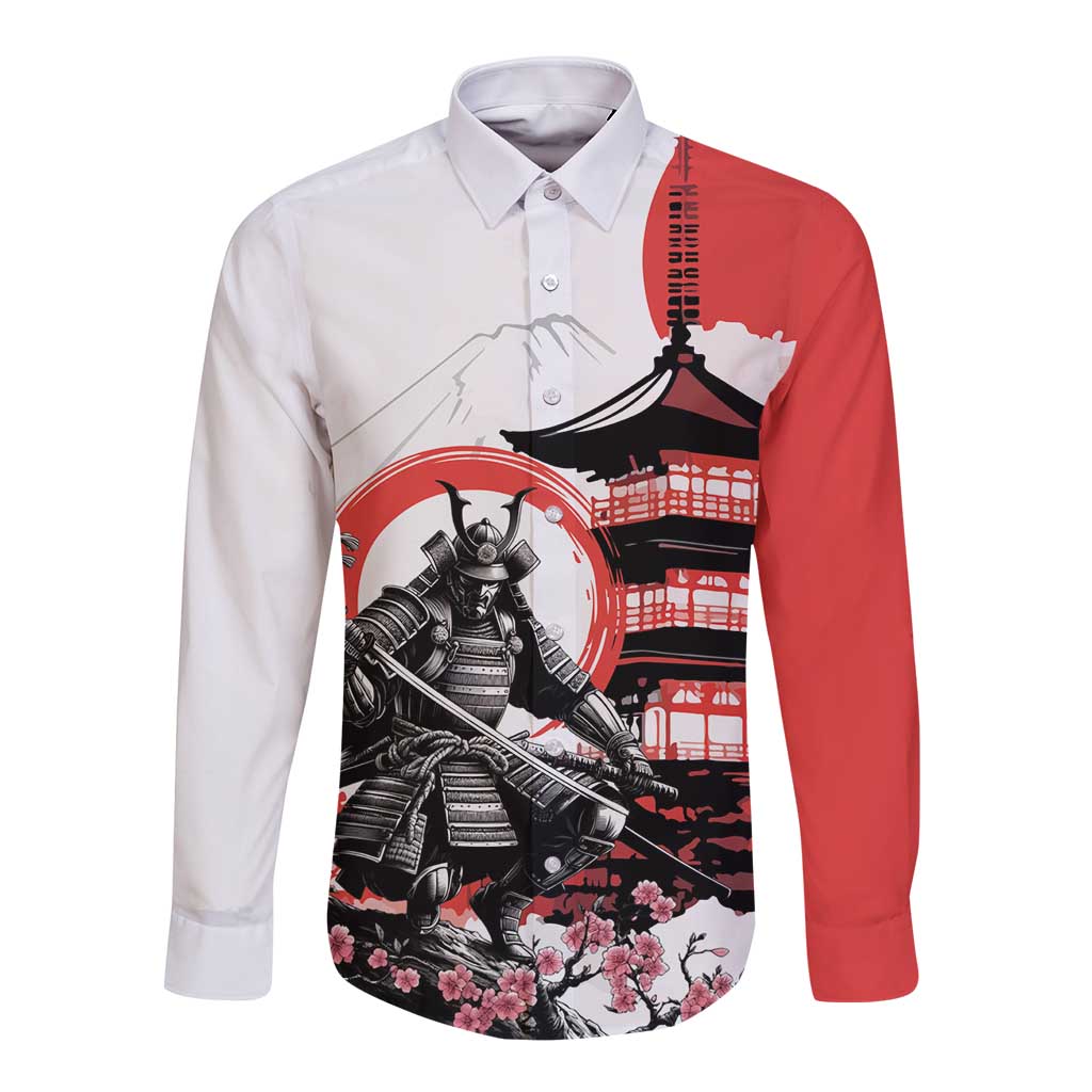 Japanese Samurai Warrior Enso Long Sleeve Button Shirt Japan Pagoda Sakura Watercolor - Wonder Print Shop