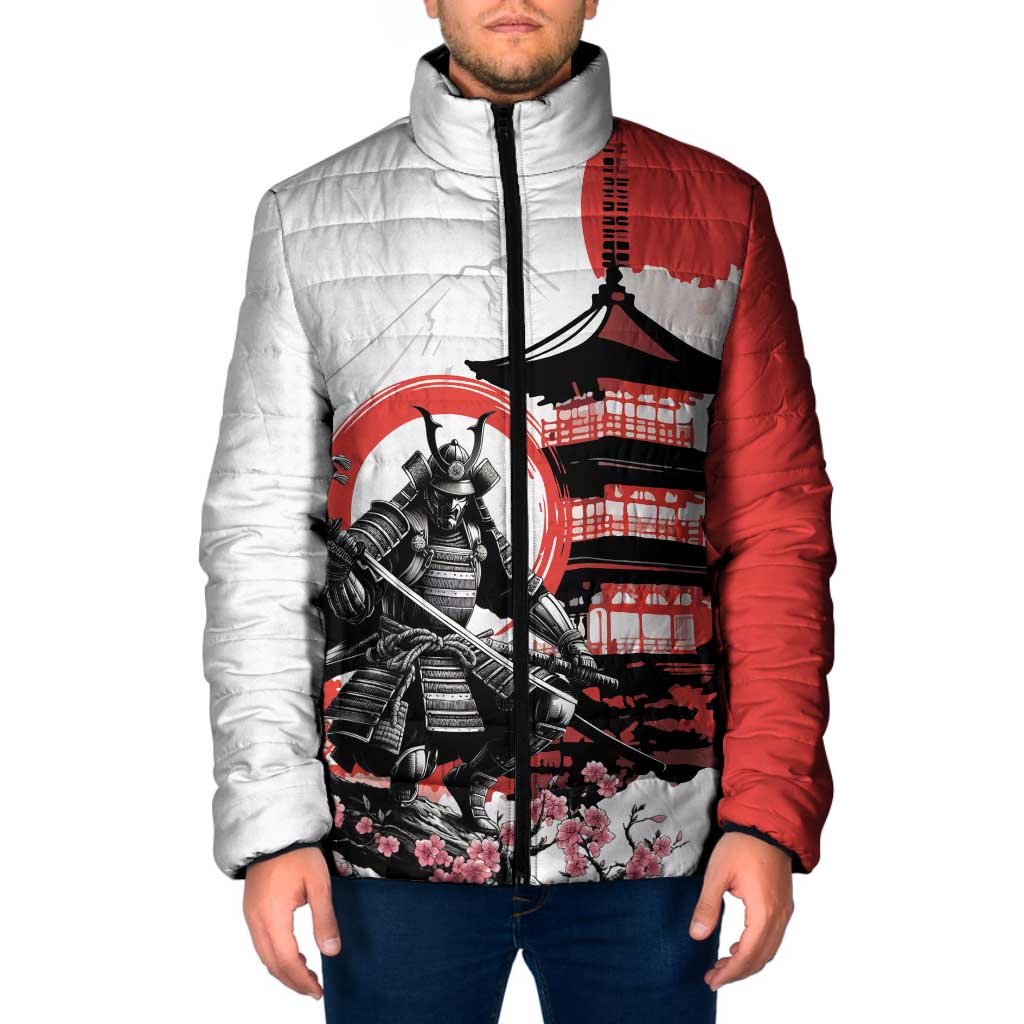 Japanese Samurai Warrior Enso Padded Jacket Japan Pagoda Sakura Watercolor - Wonder Print Shop