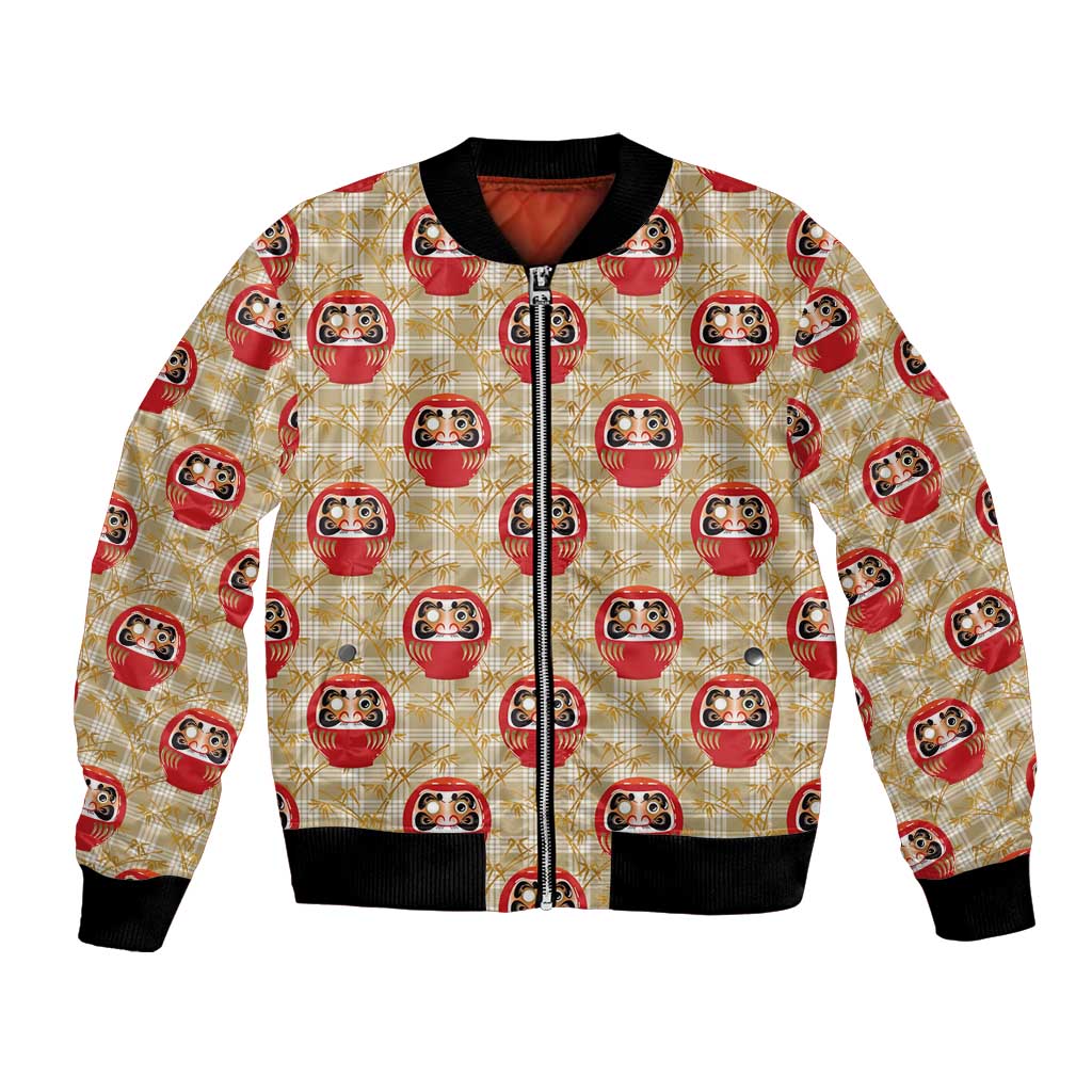 Japanese Daruma Doll Bomber Jacket Palaka With Seamless Bamboo Pattern - Wonder Print Shop