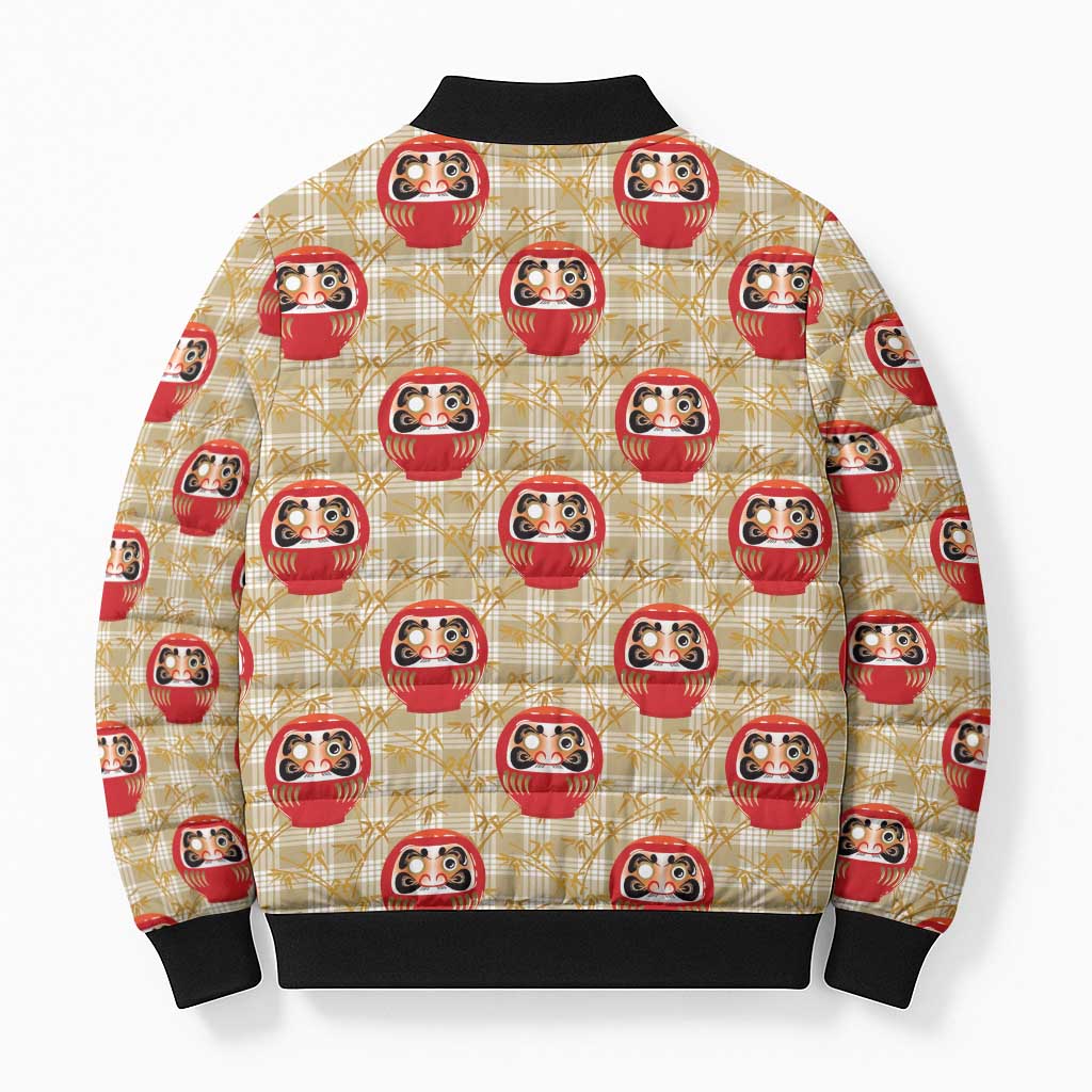 Japanese Daruma Doll Bomber Puffer Jacket Palaka With Seamless Bamboo Pattern - Wonder Print Shop