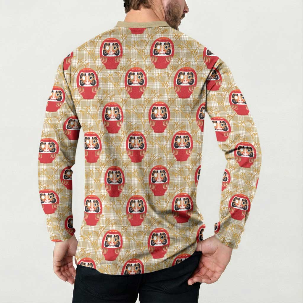 Japanese Daruma Doll Button Sweatshirt Palaka With Seamless Bamboo Pattern - Wonder Print Shop