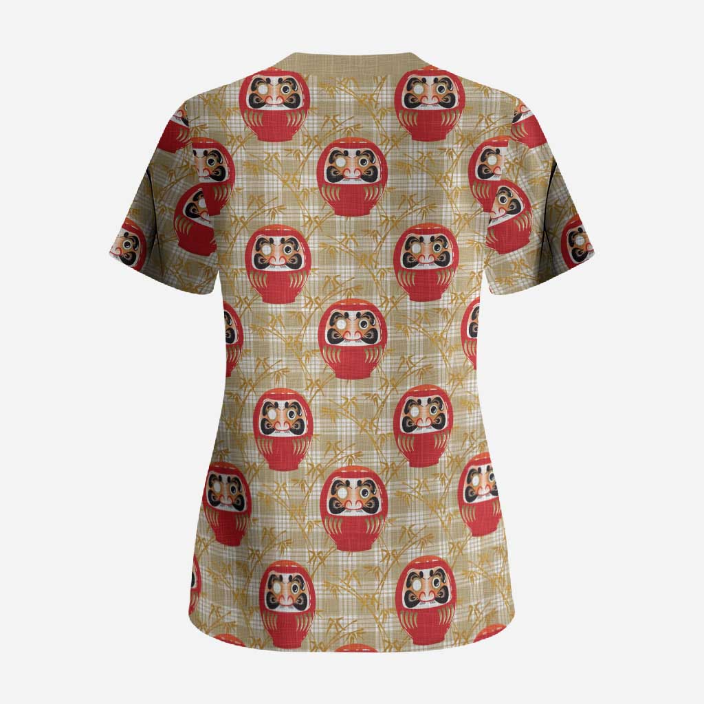 Japanese Daruma Doll Scrub Top Palaka With Seamless Bamboo Pattern - Wonder Print Shop