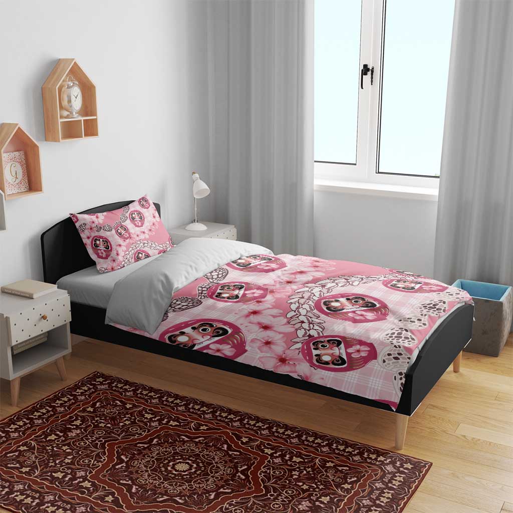 Japanese Daruma Doll Palaka Bedding Set Cherry Blossoms With Shell Lei - Wonder Print Shop