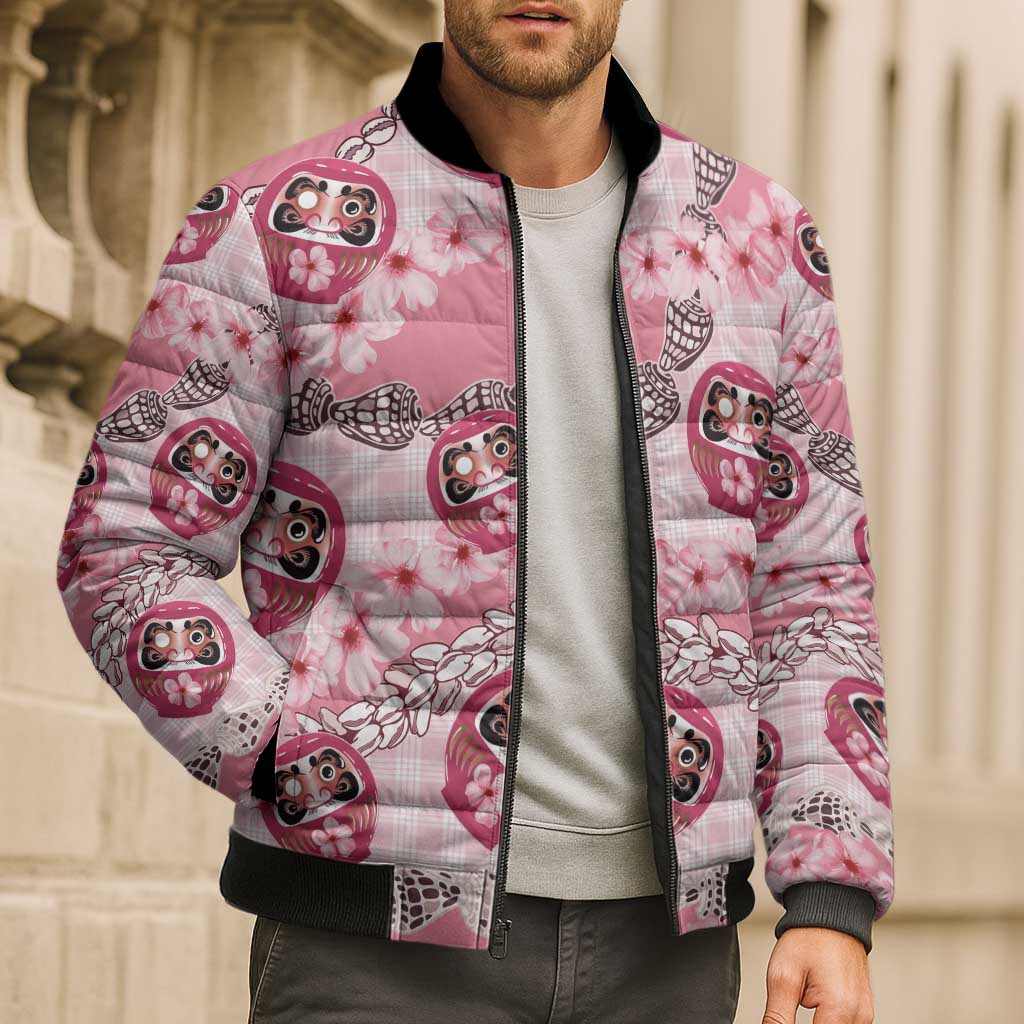 Japanese Daruma Doll Palaka Bomber Puffer Jacket Cherry Blossoms With Shell Lei - Wonder Print Shop