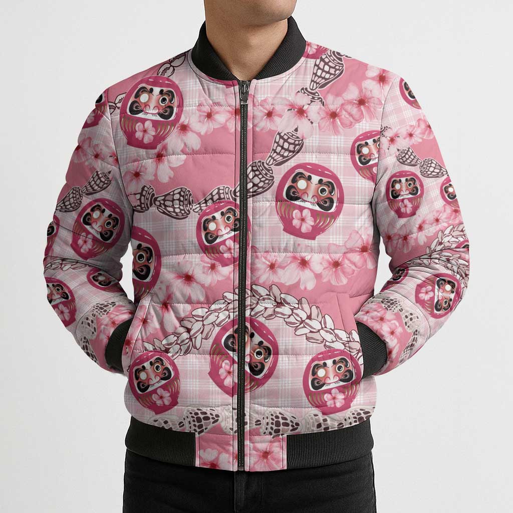 Japanese Daruma Doll Palaka Bomber Puffer Jacket Cherry Blossoms With Shell Lei - Wonder Print Shop