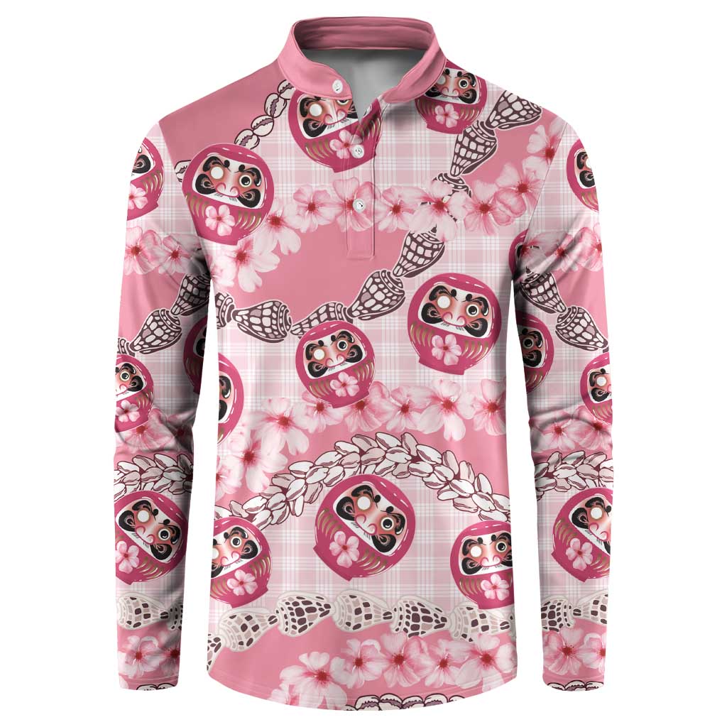 Japanese Daruma Doll Palaka Button Sweatshirt Cherry Blossoms With Shell Lei - Wonder Print Shop