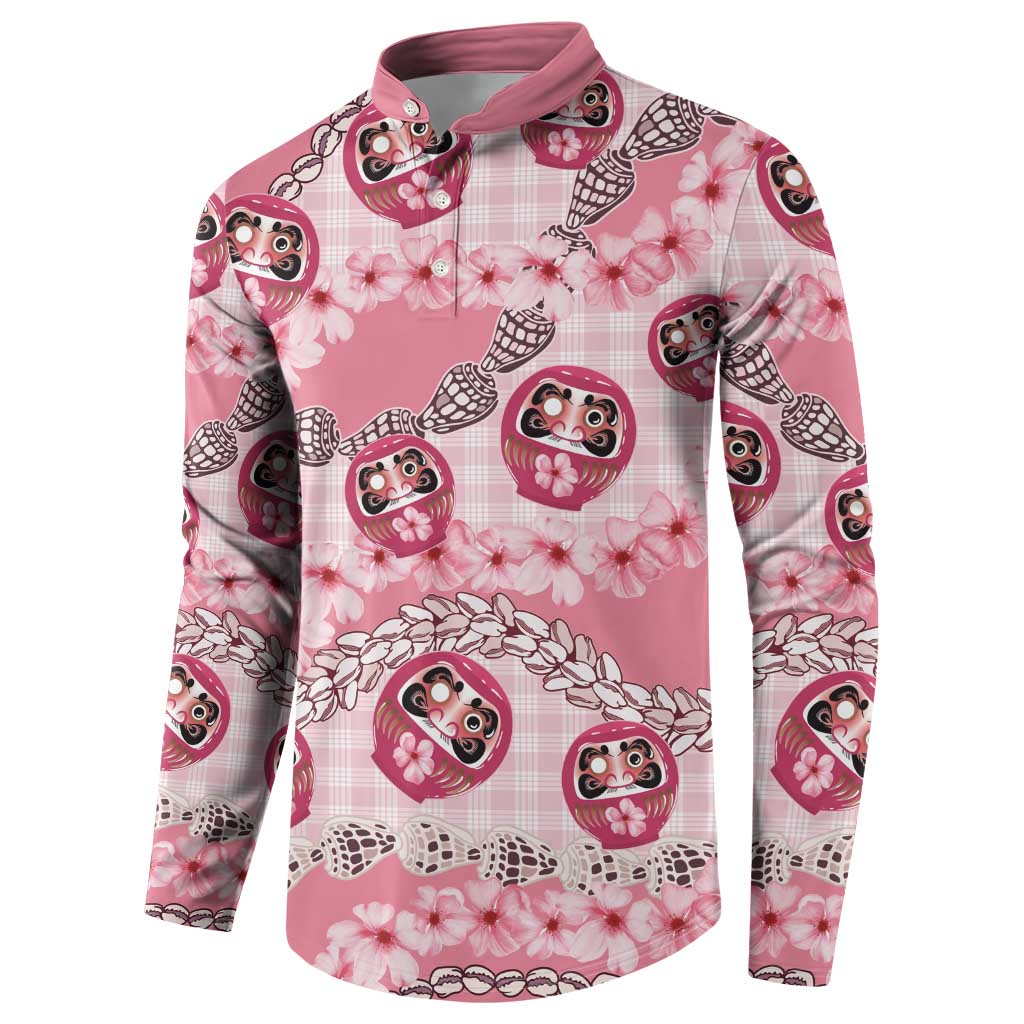 Japanese Daruma Doll Palaka Button Sweatshirt Cherry Blossoms With Shell Lei - Wonder Print Shop
