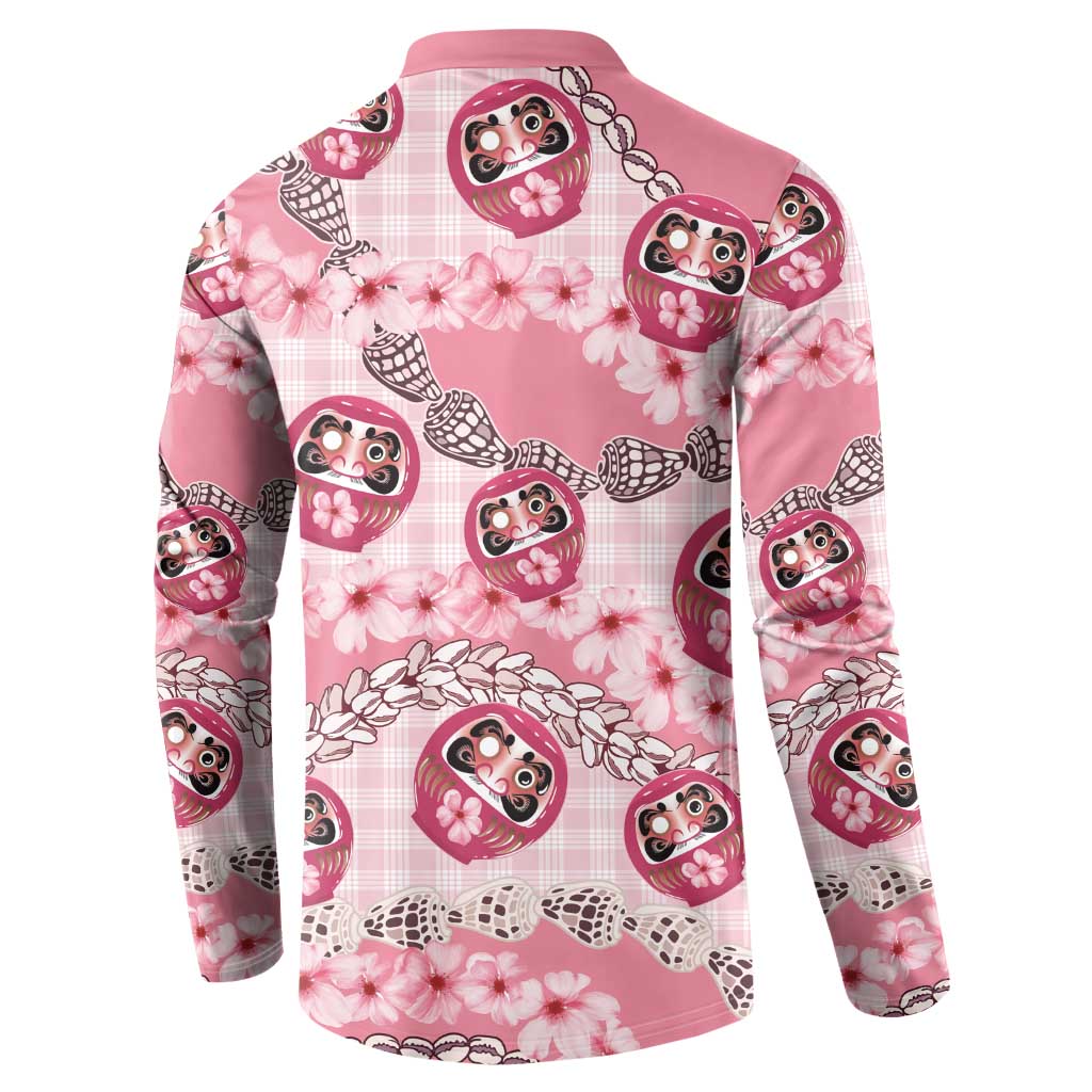Japanese Daruma Doll Palaka Button Sweatshirt Cherry Blossoms With Shell Lei - Wonder Print Shop