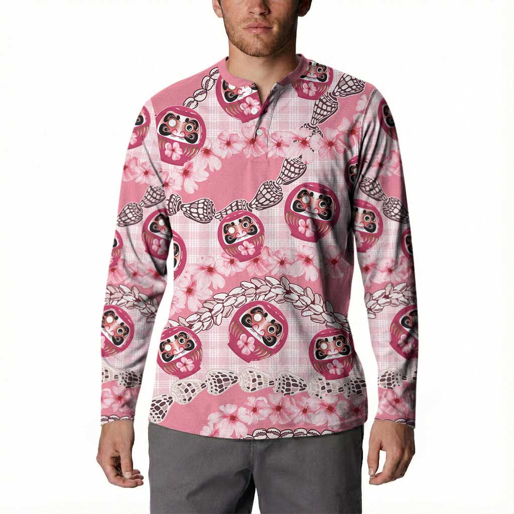 Japanese Daruma Doll Palaka Button Sweatshirt Cherry Blossoms With Shell Lei - Wonder Print Shop