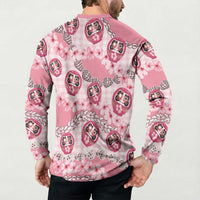Japanese Daruma Doll Palaka Button Sweatshirt Cherry Blossoms With Shell Lei - Wonder Print Shop