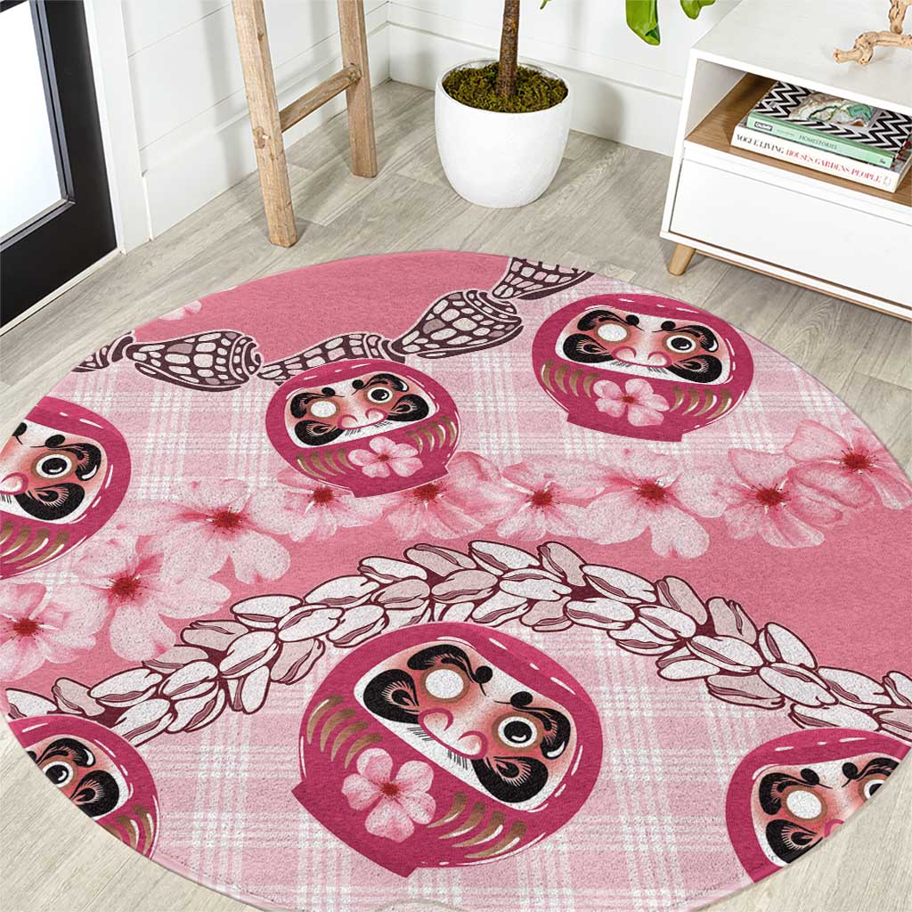 Japanese Daruma Doll Palaka Round Carpet Cherry Blossoms With Shell Lei - Wonder Print Shop