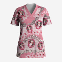 Japanese Daruma Doll Palaka Scrub Top Cherry Blossoms With Shell Lei - Wonder Print Shop