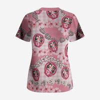 Japanese Daruma Doll Palaka Scrub Top Cherry Blossoms With Shell Lei - Wonder Print Shop