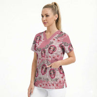 Japanese Daruma Doll Palaka Scrub Top Cherry Blossoms With Shell Lei - Wonder Print Shop
