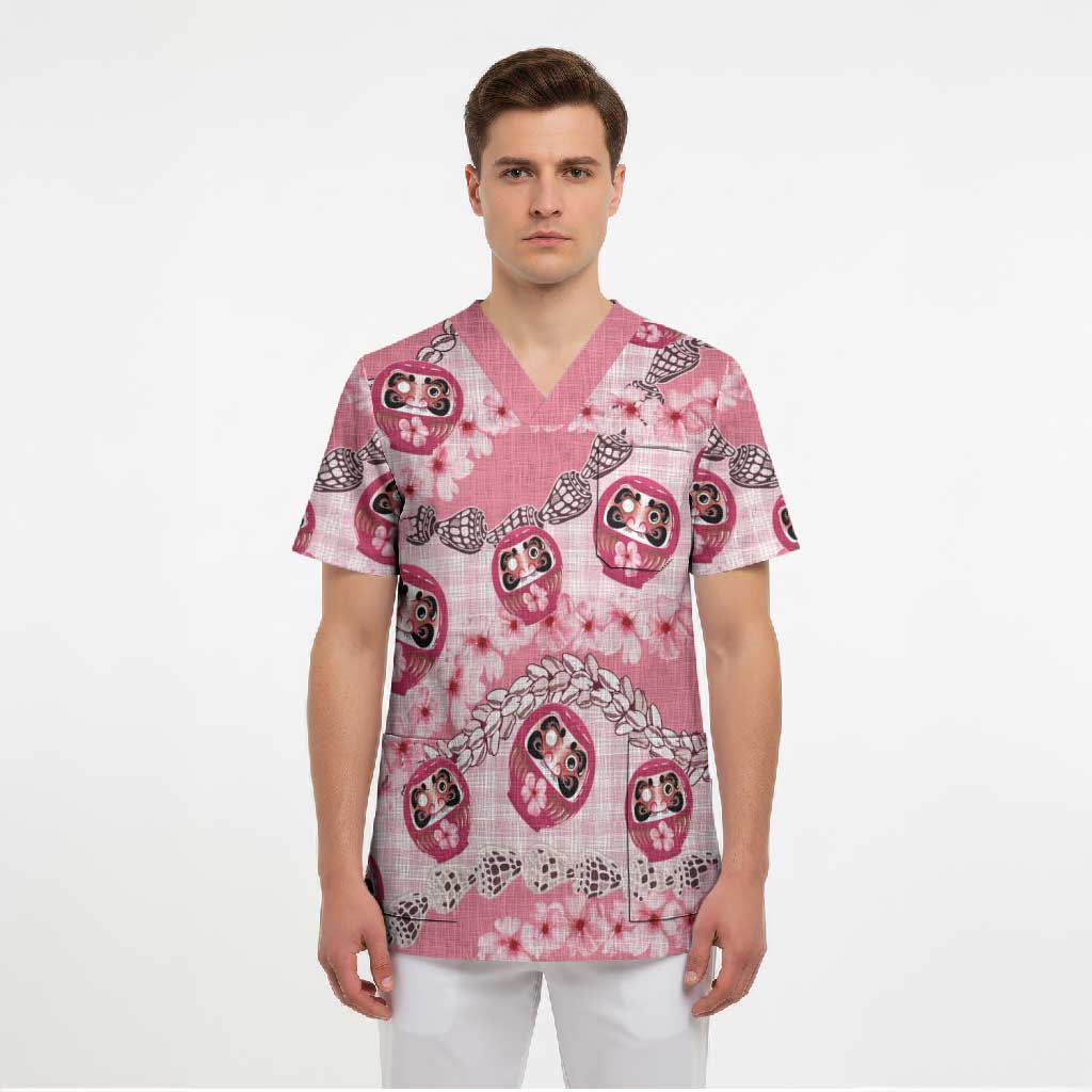 Japanese Daruma Doll Palaka Scrub Top Cherry Blossoms With Shell Lei - Wonder Print Shop