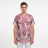 Japanese Daruma Doll Palaka Scrub Top Cherry Blossoms With Shell Lei - Wonder Print Shop