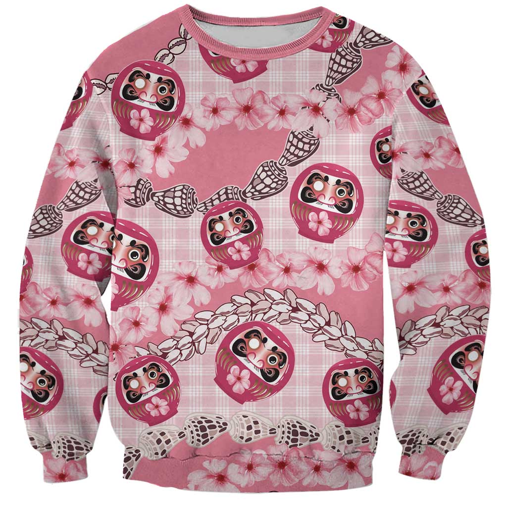 Japanese Daruma Doll Palaka Sweatshirt Cherry Blossoms With Shell Lei - Wonder Print Shop