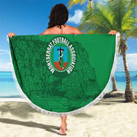 Green round beach blanket with white fringe, football emblem and 'YOUR TEXT' centered.