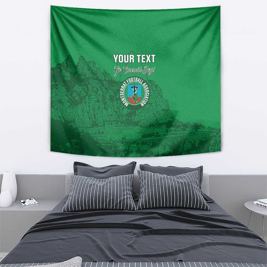 Emerald green football tapestry with 'YOUR TEXT' and circular crest over skyline graphic