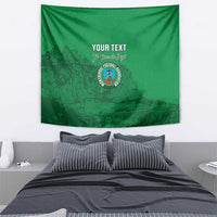 Emerald green football tapestry with 'YOUR TEXT' and circular crest over skyline graphic