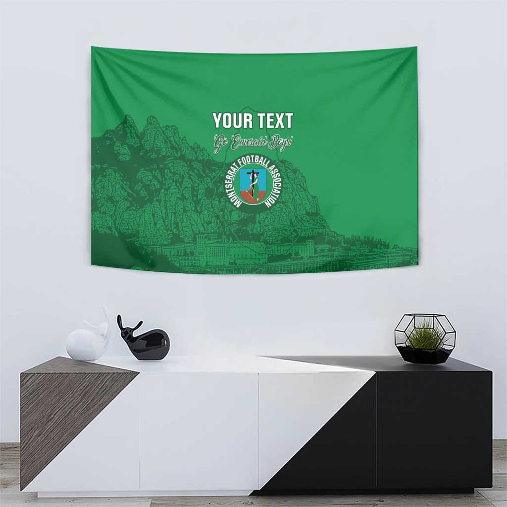 Emerald green football tapestry with 'YOUR TEXT' and circular crest, city skyline silhouette