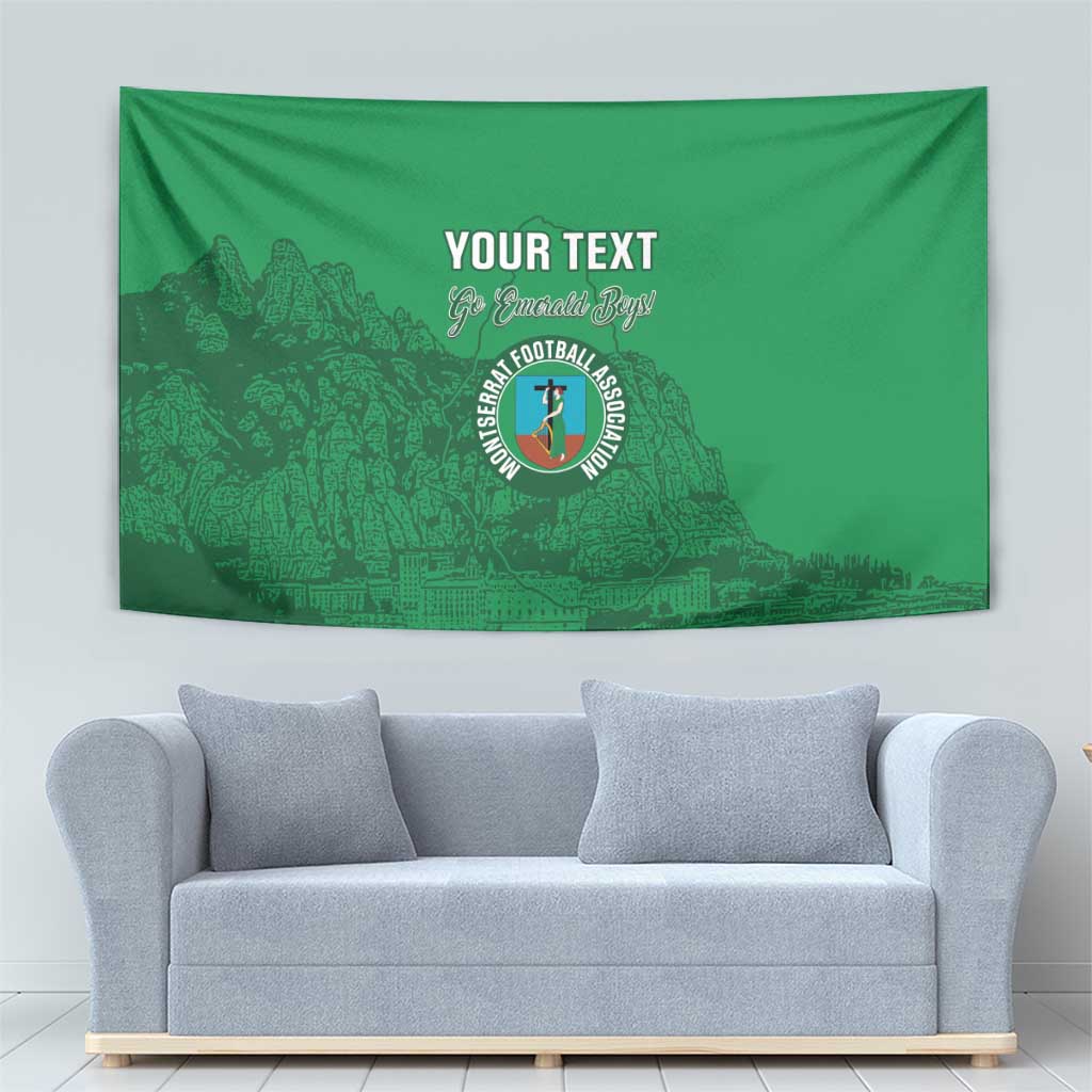 Emerald green football tapestry with 'YOUR TEXT' and circular crest, landscape cityscape print