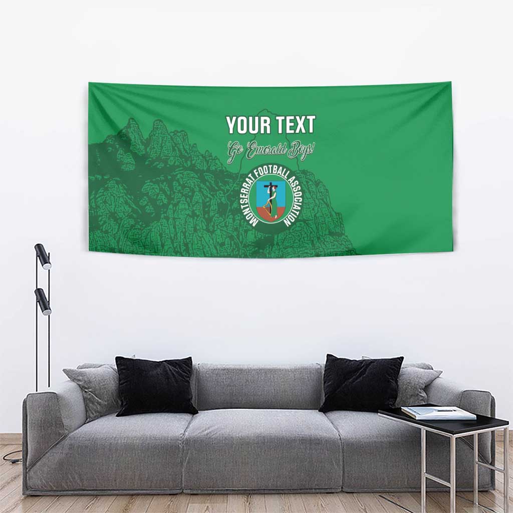 Emerald green football tapestry with 'YOUR TEXT' and circular crest, wide city skyline design