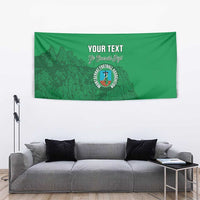 Emerald green football tapestry with 'YOUR TEXT' and circular crest, wide city skyline design
