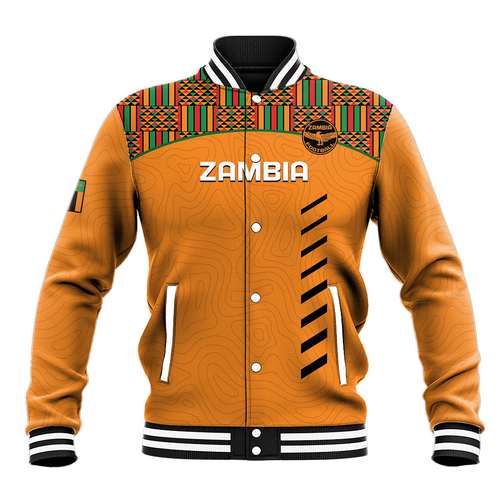 Orange baseball jacket with kente collar, front button placket, ribbed cuffs