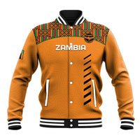 Orange baseball jacket with kente collar, front button placket, ribbed cuffs