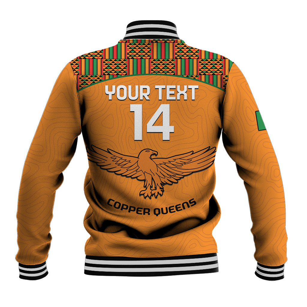 Orange baseball jacket back with eagle graphic, number 14, kente yoke, ribbed hem